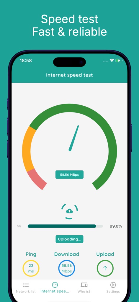 Wifi password connect - La herramienta ofrece una prueba de velocidad de internet precisa, mostrando métricas en tiempo real como la velocidad de descarga en Mbps y el tiempo de ping en milisegundos.