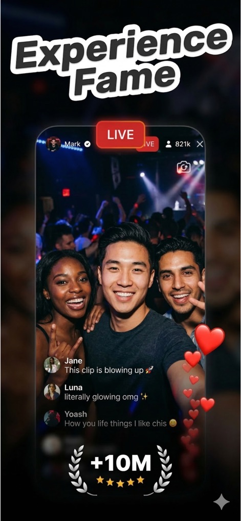 Parallel Live: Fake Live - Discover the immersive live streaming interface, complete with a prominent 'LIVE' indicator and a display of over 821K virtual viewers.