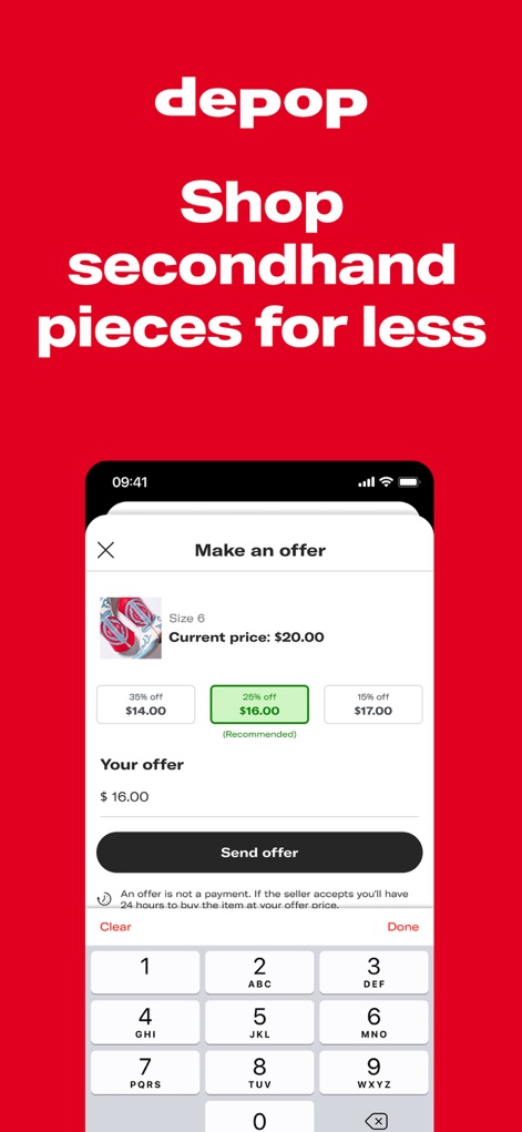Depop - Buy & Sell Clothes - This interface allows buyers to engage in 'Make an offer' negotiations with pre-calculated discount options, providing flexibility with a numerical keypad for precise bidding.