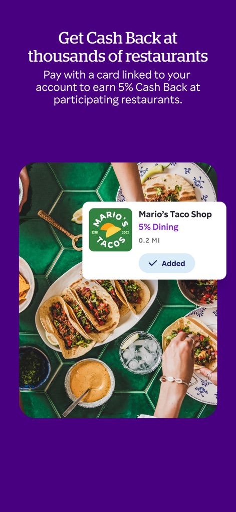 Rakuten: Cash Back & Deals - A imagem exibe uma refeição apetitosa e destaca o "Mario's Taco Shop" com 5% de Dining Cash Back, ilustrando como os usuários podem ganhar economias em estabelecimentos locais.