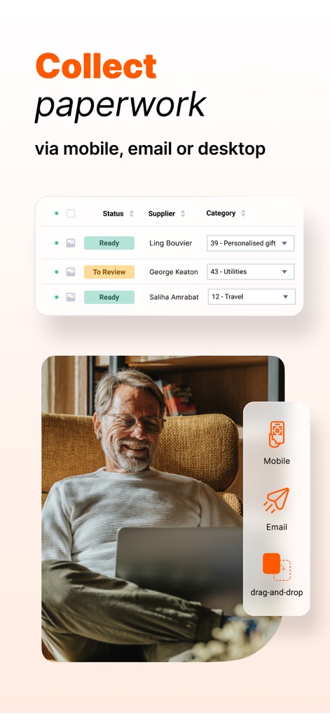 Dext: Expense Tracker App - モバイル、Eメール、デスクトップからの多様な書類収集方法を示しており、「Mobile」「Email」「drag-and-drop」のアイコンが確認でき、「Status」「Supplier」「Category」で整理された書類リストが表示されます。