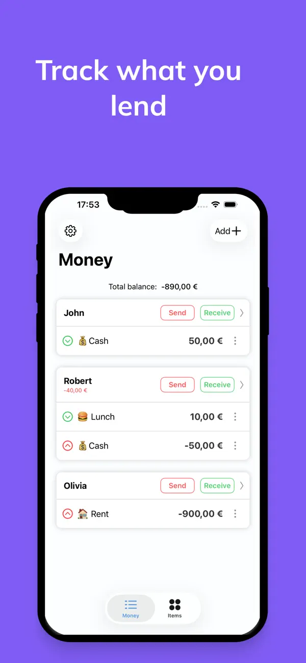 Screenshot #1 pour Lending - Track money & items