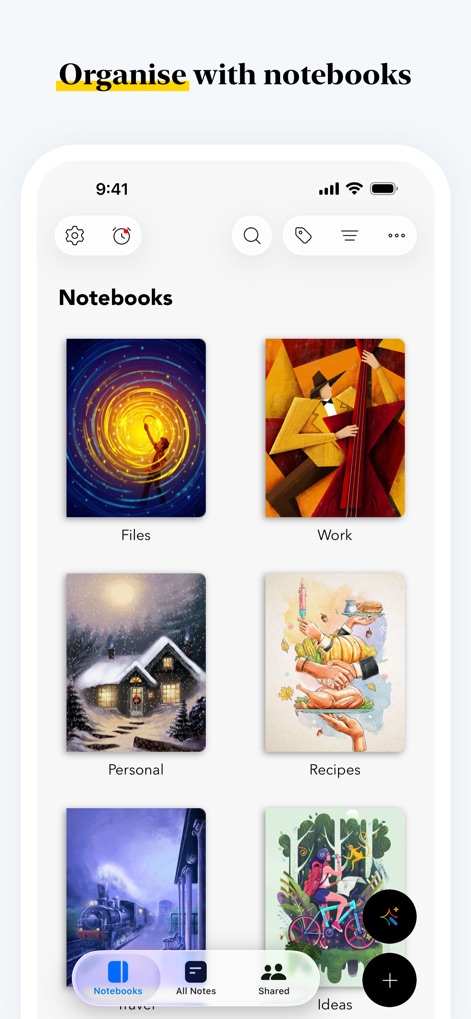 Notebook – Notes, Notepad - Para uma organização eficiente, o aplicativo apresenta uma coleção de 'Notebooks' distintos visualmente, como 'Personal' e 'Recipes', acessíveis através de uma barra de navegação intuitiva na parte inferior da tela.
