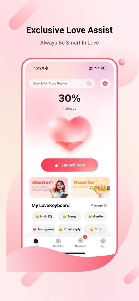LoveAssist - このアプリのダッシュボードでは、ユーザーの親密度を示すハート型のゲージとパーセンテージが表示され、恋愛におけるAIアシスタントの多様なトーンオプションである「My LoveKeyboard」をカスタマイズできます。
