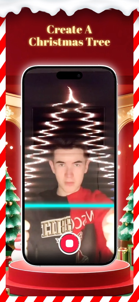 TimeWarp – Time Warp Scan - This tool allows users to sculpt their features into creative shapes like a Christmas tree, utilizing the dynamic blue horizontal scan for festive transformations.