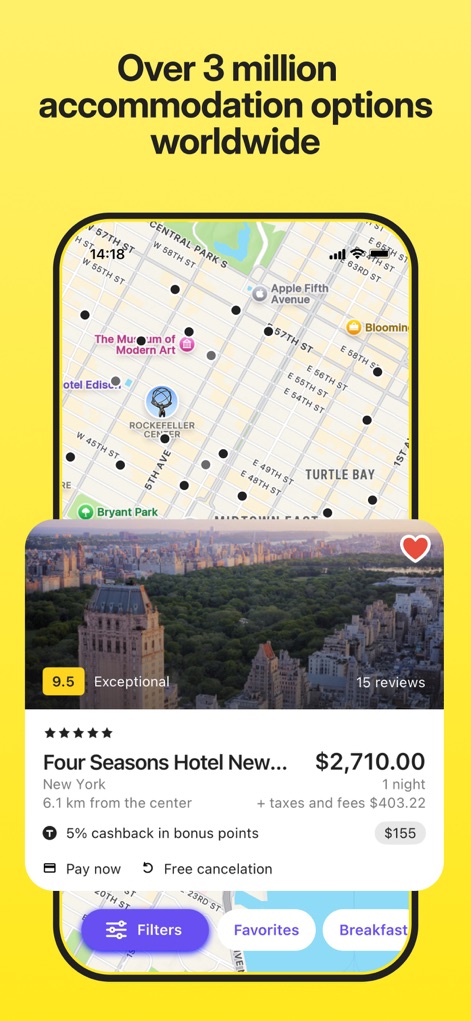 OneTwoTrip Flights and Hotels - Users can explore over 3 million accommodation options through an interactive map interface and detailed hotel listings featuring ratings and prices.