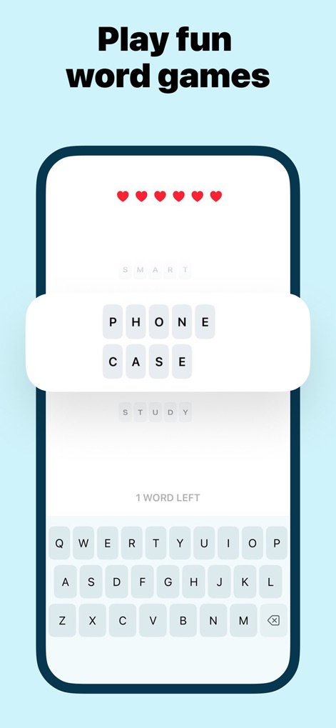 Word of the Day・Vocabulary - Users can enjoy interactive word games, exemplified by a Hangman-style interface featuring a letter selection keyboard and a clear display of remaining lives.