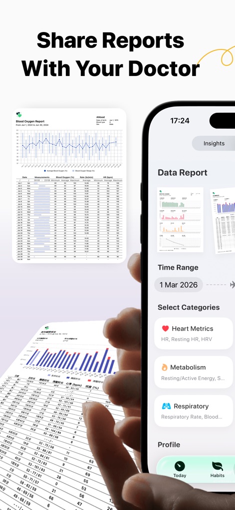 AMood: AI Mood Monitor - このアプリでは、血中酸素レポートのグラフ表示を通じて自身の健康状態を詳細に把握し、心拍数などの指標を選択できるデータレポートを簡単に生成できます。