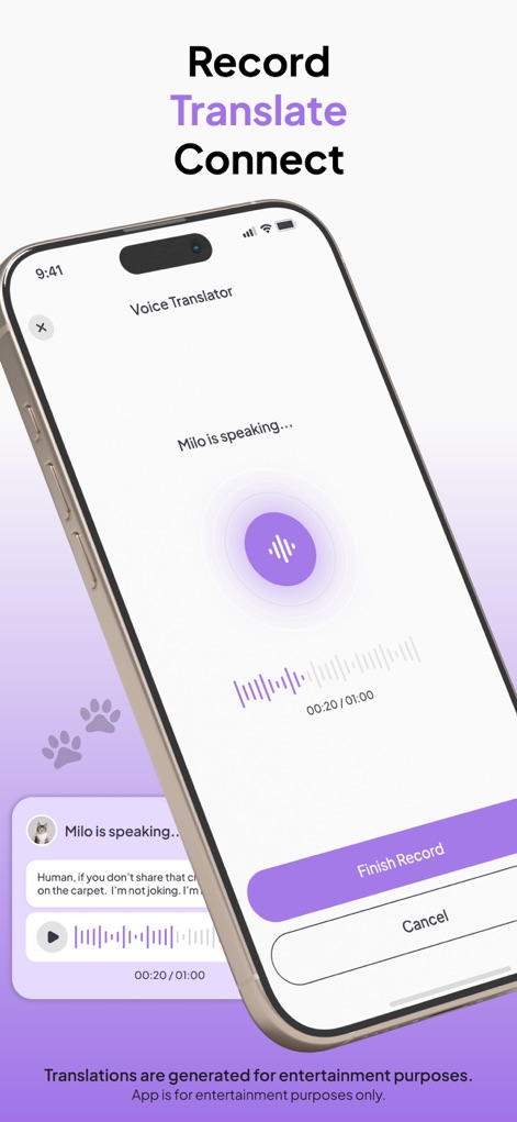 Omnipet - Pet Translator - See the intuitive recording interface, featuring a dynamic 'record button and waveform visualization', and instant 'translation text bubble' for pet vocalizations.
