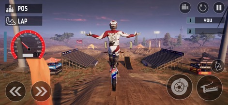 Wheelie Dirt Bike Racing Game - Experience the excitement of airborne stunts over massive ramps, set against a backdrop of competitive track obstacles and detailed event signage.