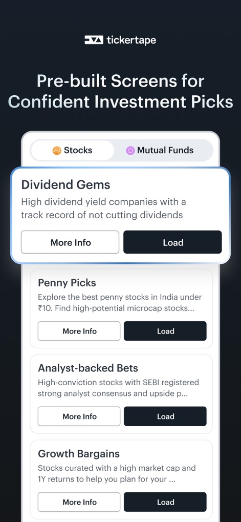 Tickertape: US & Indian Stocks - Dieses Tool unterstützt die Auswahl von Investitionen durch eine Vielzahl von vorgefertigten Screenern wie 'Dividend Gems' und 'Penny Picks' sowie prägnante Beschreibungen, die die Anlagestrategie jedes Screeners erklären.