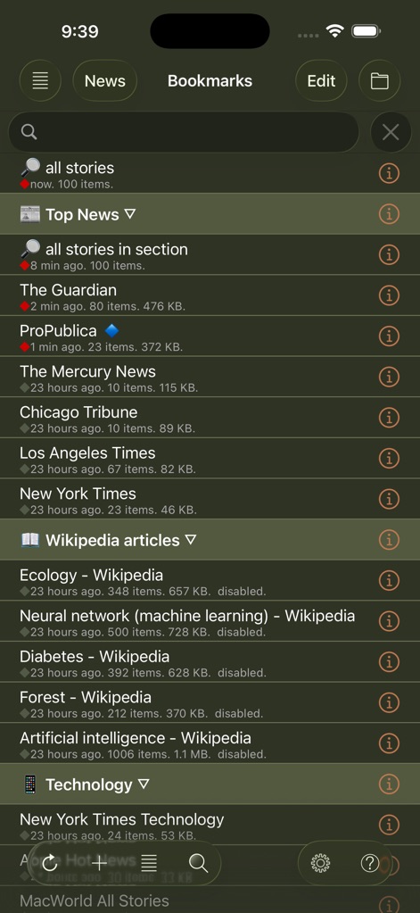 Speak News - RSS news reader - speak-news-rss-bookmarks-list