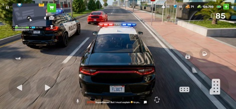 Flex City RP: Online Car Game - Players can engage in law enforcement, driving a police car with flashing lights while pursuing a red sports car through city traffic.