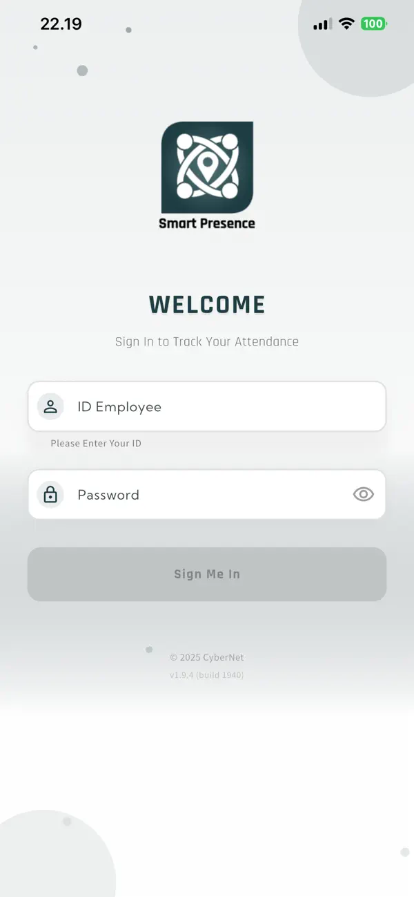 Login privat Smart Presence menggunakan ID karyawan