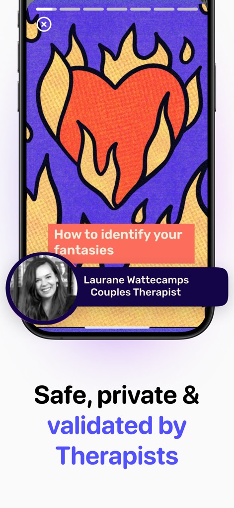 Melba: Couples & Intimacy - This app ensures trustworthiness through content "validated by Therapists," exemplified by expert articles such as "How to identify your fantasies" written by professionals like Laurane Wattecamps.