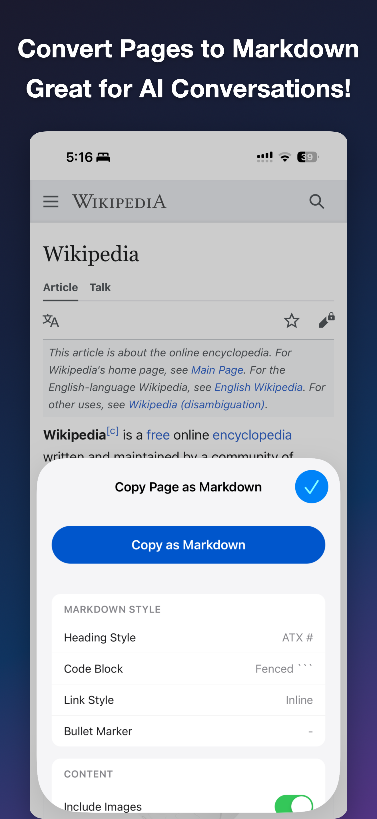 MDC - Markdown Copier iOS screenshot 1 showing app interface