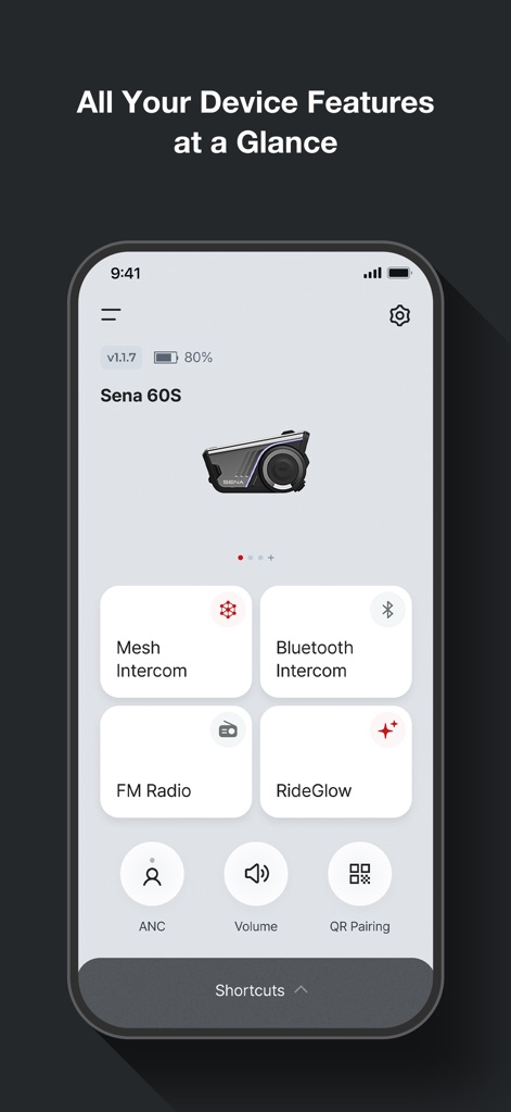 Sena Motorcycles - The app's organized interface presents all device features, including 'FM Radio' and 'RideGlow' options, for quick and effortless management.