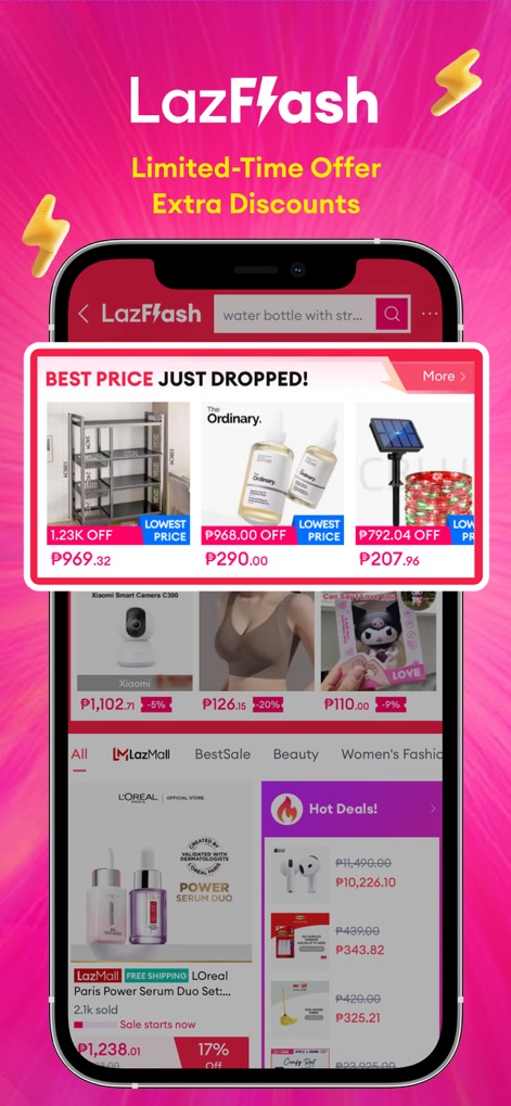 Lazada 4.4 Sale - Users can discover time-sensitive savings through the dedicated 'LazFlash' section and 'BEST PRICE JUST DROPPED!' notifications on popular items.