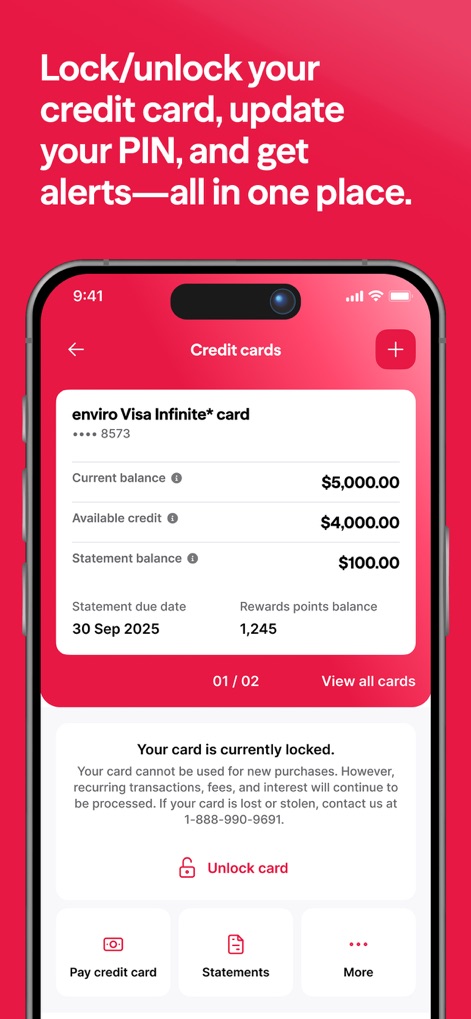 Vancity - Dieser Bildschirm bietet eine umfassende Verwaltung der Kreditkarten, einschließlich der Anzeige des „aktuellen Saldos“ und der „Verfügbaren Gutschrift“, sowie der Option, die Karte über den „Unlock card“-Button zu entsperren.