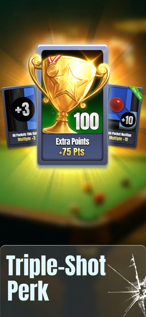 8 Ball Strike: Win Real Cash - The app reveals various strategic advantages like the prominent golden trophy and diverse bonus cards that enhance gameplay.