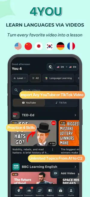4You: Learn language via video iPhone screenshot 1