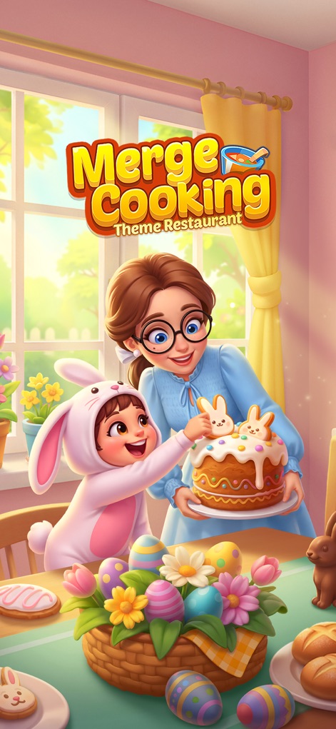 Merge Cooking® - Das einladende Bild zeigt eine fröhliche Familienatmosphäre, in der ein Kind und eine Frau gemeinsam einen liebevoll dekorierten Osterkuchen zubereiten.