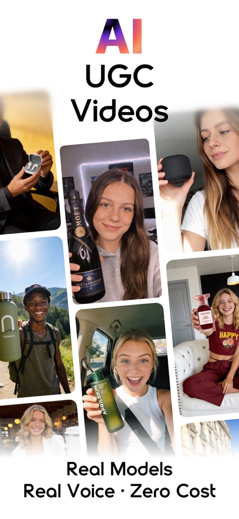 AI Product Video & Ad - Pixury - Users can instantly generate captivating product videos, showcasing diverse models and the app's 'Real Models Real Voice Zero Cost' advantage for engaging content.