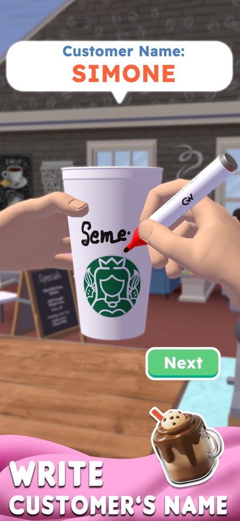 Perfect Coffee 3D - The app allows users to personalize each order by writing the customer's name on the cup, enhancing the immersive barista experience with creative input.