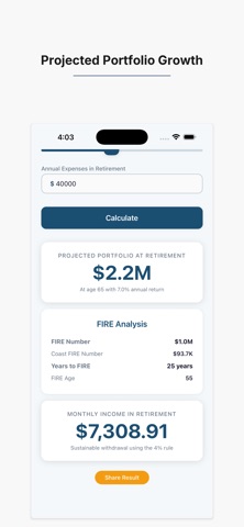 Retire Early Calc: FIRE Plan iPhone screenshot