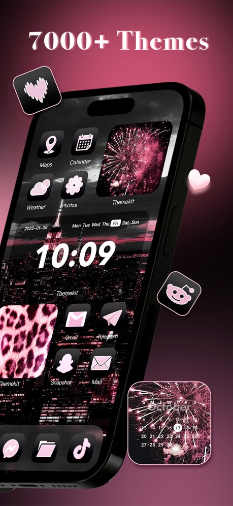 ThemeKit: Widget & Icon Themes App Store screenshot 2, headline “7000+ Themes”. Watch, iPad or Mac beside it.