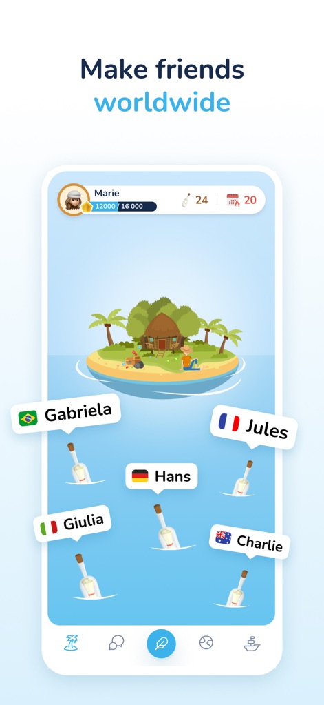 Bottled: Message in a Bottle - この画面では、世界中のユーザーと繋がり、それぞれのボトルがどの国から来たかを示す国旗アイコンと、ユーザーの進捗を示すレベルバーを確認できます。