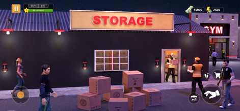 Supermarket Motel Simulator 3d - Las operaciones logísticas son clave para el éxito. Esta captura muestra un área de almacenamiento activa con el personal moviendo mercancía y diversas cajas apiladas, indicando la gestión de inventario.