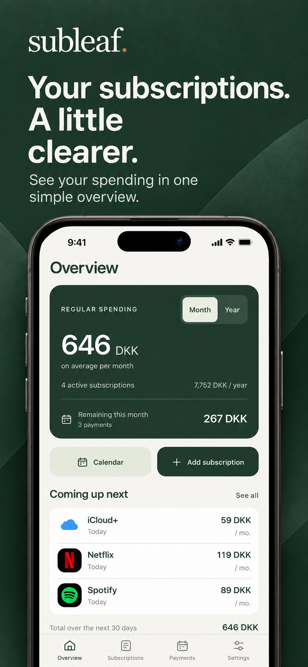 Screenshot 1 of Subleaf: Subscription Tracker