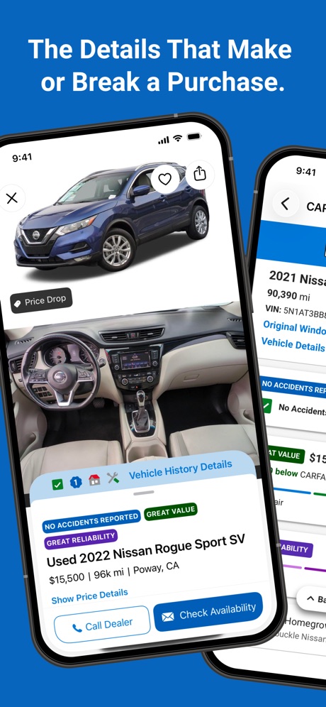 CARFAX - New & Used Cars App Store screenshot 4, headline “The Details That Make or Break a Purchase.”. Two or more screens.