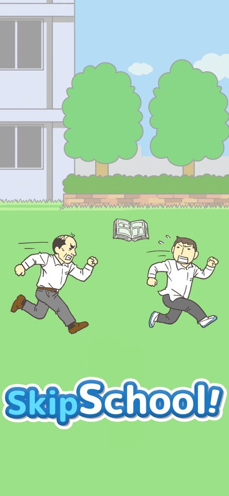 Skip School! - Easy Escape! - La aplicación presenta el inicio de la huida con dos figuras persiguiendo un libro, ambientado en el clásico patio escolar donde la diversión comienza. Los usuarios pueden anticipar la emoción que el icónico logotipo 'SkipSchool!' promete.