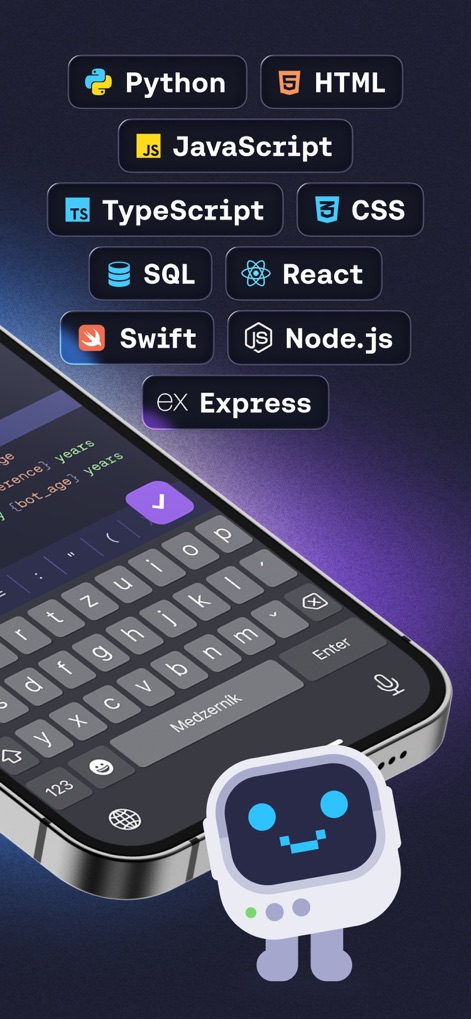 Mimo: Learn Coding/Programming - 사용자는 파이썬, HTML, 자바스크립트 등 다양한 프로그래밍 언어 아이콘과 화면 하단의 귀여운 미모 봇 캐릭터를 통해 학습 범위를 확인할 수 있습니다.