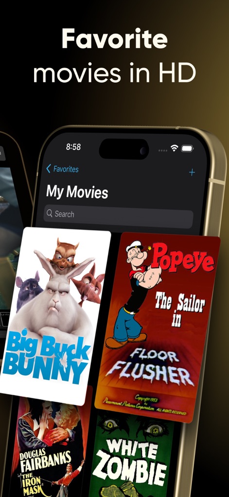IPTV Streamer Pro - Users can effortlessly manage their movie collections, featuring prominent cover art and a convenient 'Favorites' filter for quick access.