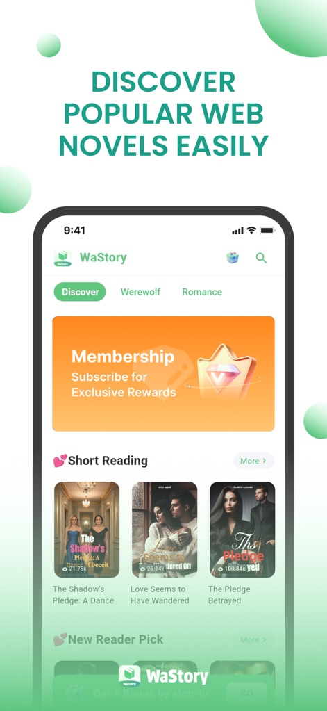 WaStory - The app's organized interface facilitates easy navigation with genre-specific tabs like "Werewolf" and "Romance," alongside curated "Short Reading" sections showcasing trending book covers.