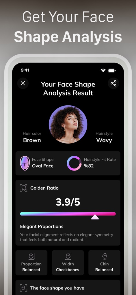 HairApp: AI Hairstyle Try On - L'écran affiche les résultats de l'analyse, détaillant la forme du visage (ovale) et le taux d'adaptation de la coiffure.