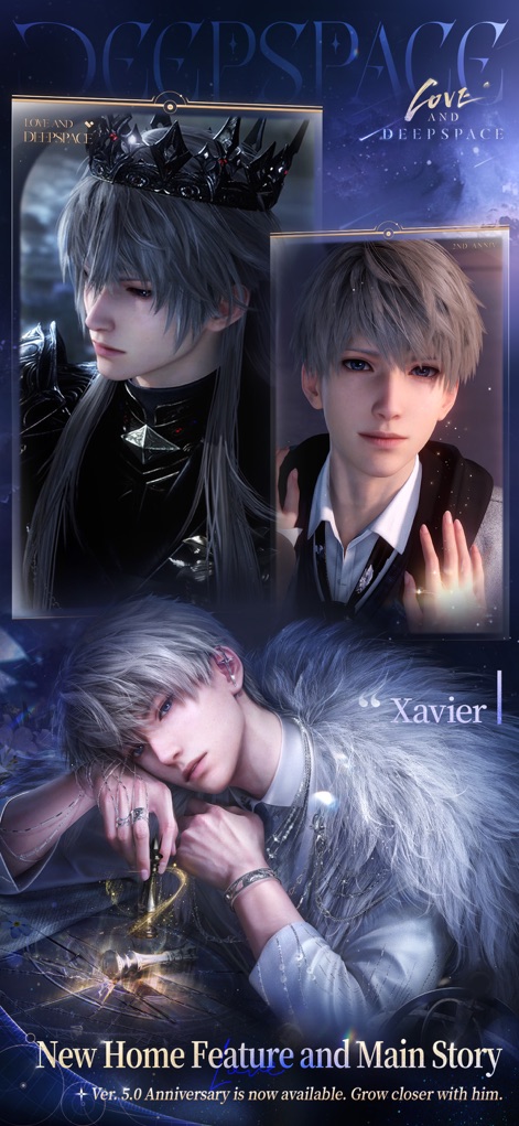 Love and Deepspace - As imagens destacam a diversidade de visuais do personagem Xavier, desde sua coroa imponente até seu casaco de pele luxuoso, evidenciando as opções de personalização que os usuários podem encontrar.