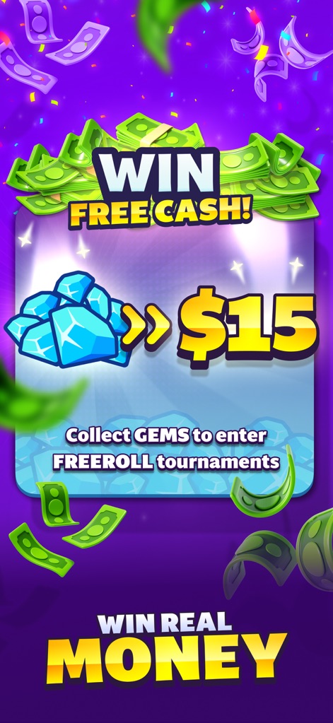 Blitz - Win Cash - See how users are encouraged to "WIN FREE CASH" and "Collect GEMS" to enter special freeroll tournaments.