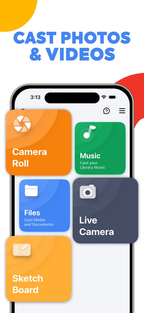 Cast for Chromecast - Esta tela apresenta as diversas opções para transmitir conteúdo diretamente do dispositivo móvel para o Chromecast. Os usuários podem acessar categorias como "Rolo da Câmera" e "Música" para compartilhar fotos, vídeos e áudios.