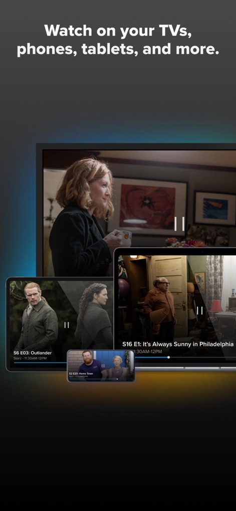 Sling: Live TV, Sports & News - この画面は、テレビ、タブレット、スマートフォンといった複数のデバイスで同時に異なる番組をストリーミングする柔軟性を示しています。
