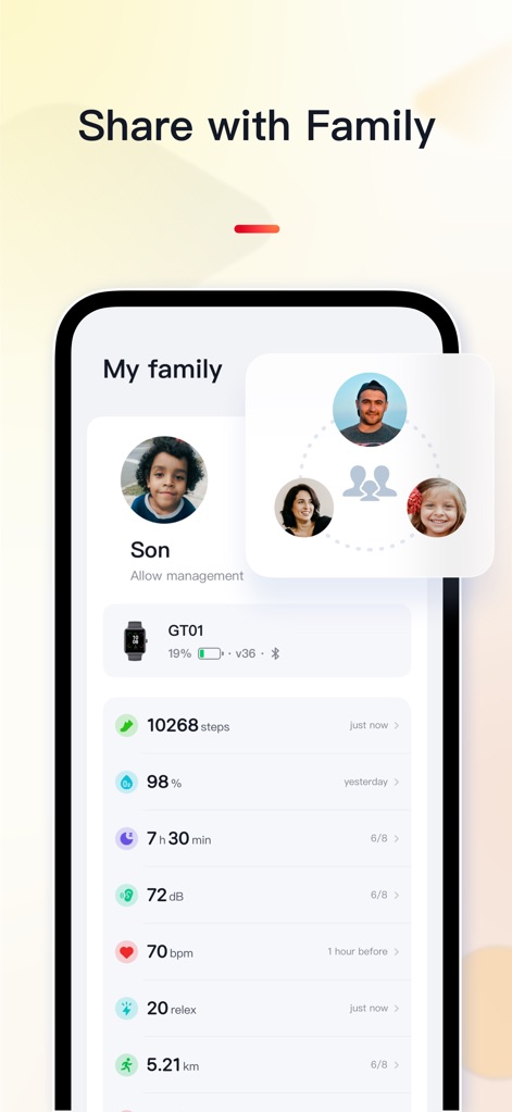 VeryFit - Users can easily monitor the well-being of family members through dedicated profiles and shared health data, such as steps and heart rate.