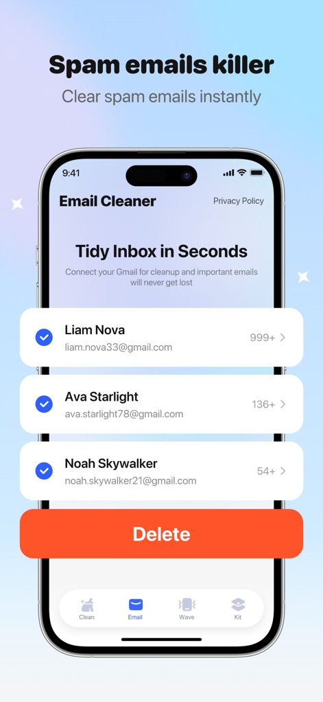 AI CleanKit: Phone Cleaner Pro - The intelligent email cleanup feature provides an intuitive interface for tidying inboxes, showcasing email accounts with high volumes of messages ready for processing.