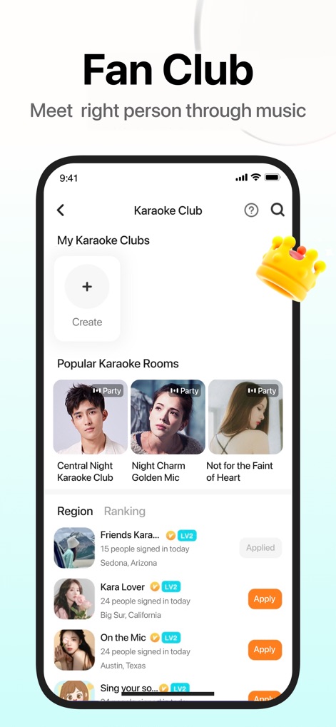 Pazzy - The app showcases various "Popular Karaoke Rooms" with visual thumbnails and allows users to explore clubs through "Region" and "Ranking" filters for personalized discovery.