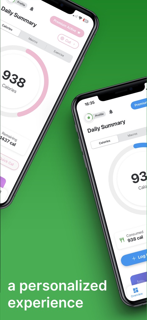 ChowTracker - Esta captura destaca la flexibilidad de la aplicación, mostrando el rastreador de calorías en un tema rosado vibrante y la visualización de dos pantallas de resumen diario.