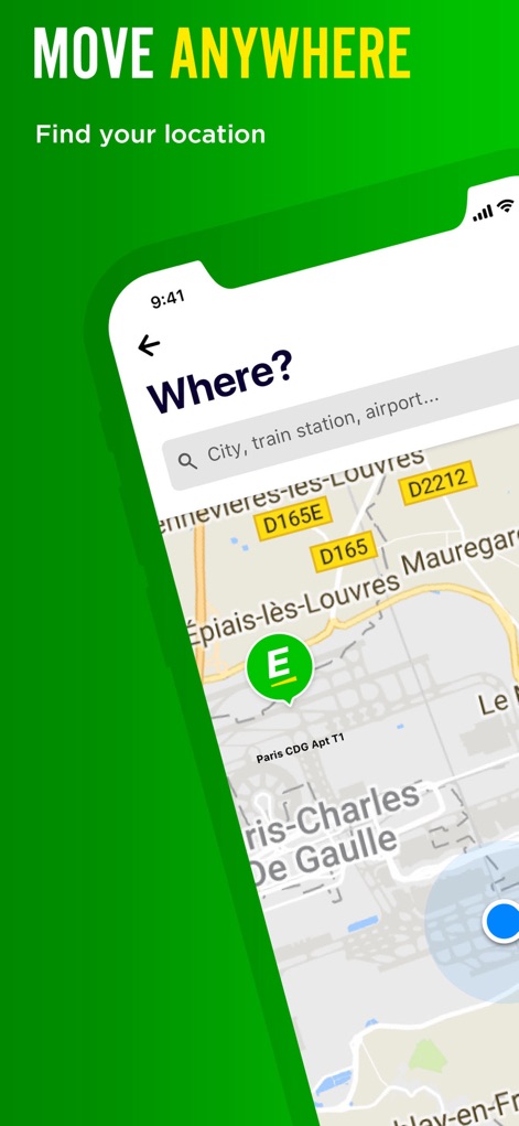 Europcar - Car & Van Hire - 사용자는 이 앱에서 통합 지도 인터페이스를 통해 원하는 대여 지점을 쉽게 검색할 수 있으며, 'E' 로고가 표시된 대여 지점 아이콘과 검색 바를 활용하여 전 세계 어디든 편리하게 찾을 수 있습니다.