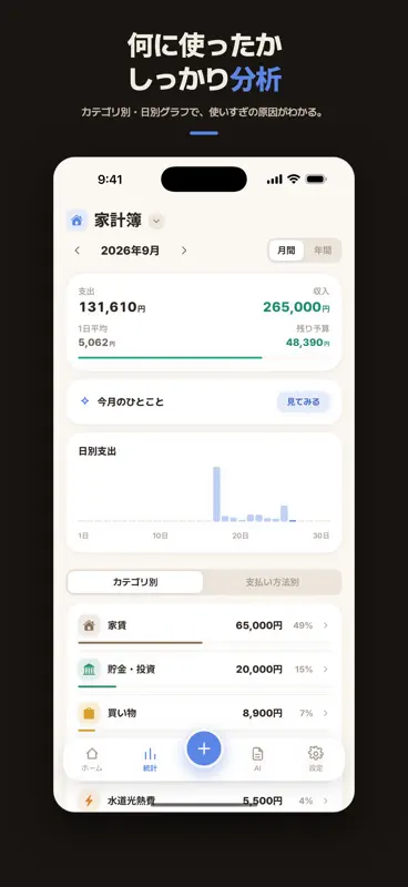 一行家計簿 - レシート・音声もAI自動仕分けの簡単かけいぼ screenshot 6 of 9