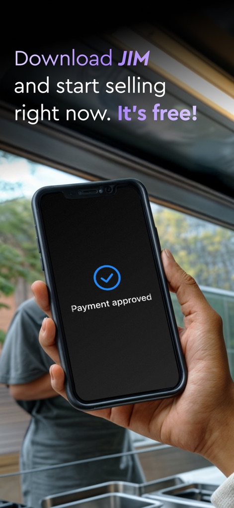 JIM: Tap to Pay & Payment Link - O aplicativo exibe a confirmação de 'Payment approved' com um ícone de verificação azul, simbolizando o sucesso da transação e a facilidade de iniciar as vendas.